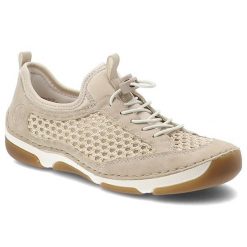 Półbuty damskie Rieker, cholewka ze skóry ekologicznej z przewiewnymi wstawkami z siateczki elastyczne sznurowanie wsuwany fason, beżowe, 55960-60. Brązowe półbuty damskie Rieker, bez wzorów, ze skóry ekologicznej, bez obcasa, na płaskiej podeszwie. Za 305.90 zł.