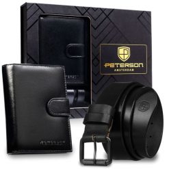 Zestaw prezentowy: skórzany, pionowy portfel męski w czarnym kolorze z systemem RFID i pasek ze skóry naturalnej - Peterson. Czarne paski męskie Peterson, bez wzorów, ze skóry. Za 129.99 zł.