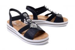 RIEKER V0287-14 blue, sandały damskie. Niebieskie sandały damskie Rieker, bez wzorów, bez obcasa, na koturnie. Za 179.94 zł.