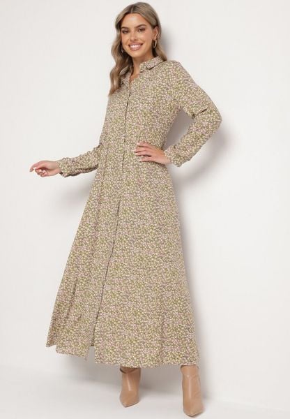 Zielono-Beżowa Sukienka Perippe. Zielone sukienki damskie Born2be, na imprezę, l, z aplikacjami, bez kołnierzyka, bez ramiączek, maxi, koszulowe. Za 59.99 zł.