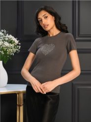 Koszulka z cyrkoniami - szary. Szare t-shirty damskie Sinsay, l, bez wzorów, z bawełny, bez kołnierzyka. Za 13.99 zł.