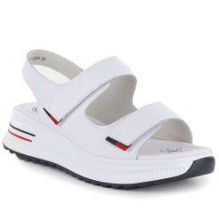 Sandały damskie na koturnie na rzep białe eVento 9999. Białe sandały damskie Evento, bez wzorów, ze skóry ekologicznej, bez obcasa, na koturnie. Za 179.99 zł.