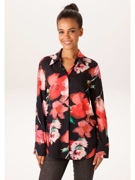 Aniston Bluzka w kolorze czarno-czerwonym rozmiar: 48. Czarne bluzki damskie Aniston, bez wzorów, z wiskozy, bez kołnierzyka, bez ramiączek. Za 173.99 zł.