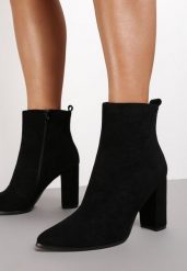 Czarne Botki Aeriel. Czarne botki damskie Renee, z jeansu, eleganckie, ze szpiczastym noskiem, za kostkę, bez obcasa, na obcasie, bez zapięcia. Za 129.99 zł.