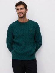 Sweter z bawełną - ciemnozielony. Zielone swetry męskie Reserved, l, bez wzorów, z bawełny, bez kołnierzyka. W wyprzedaży za 109.99 zł.