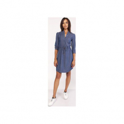 Sukienka z delikatną stójką, SUK154 jeans. Niebieskie sukienki damskie Lanti, bez wzorów, z jeansu, bez kołnierzyka, bez ramiączek. Za 169.00 zł.