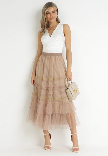 Beżowa Tiulowa Spódnica Maxi z Gumką w Pasie z Falbankami Mathurin. Brązowe spódniczki damskie Born2be, na lato, m, bez wzorów, z tiulu, maxi. Za 129.99 zł.