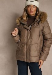 Brązowa Trapezowa Kurtka z Pikowanymi Przeszyciami i Kapturem z Futerkiem Lanittia. Brązowe kurtki damskie Renee, l, bez wzorów, z dzianiny. Za 279.99 zł.