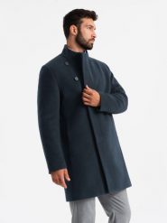 Płaszcz męski z asymetrycznym zapięciem i wysokim kołnierzem – granatowy V3 OM-COWC-0120 - XXL. Niebieskie płaszcze męskie Ombre Clothing, l, z aplikacjami, z materiału, eleganckie. Za 311.99 zł.