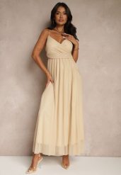 Beżowa Sukienka Koktajlowa Ozdobiona Tiulowym Materiałem Deviora. Brązowe sukienki damskie Renee, na co dzień, m, bez wzorów, z tiulu, eleganckie, bez kołnierzyka, bez ramiączek, maxi. W wyprzedaży za 69.99 zł.