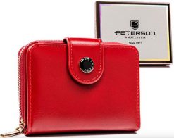 Portfel damski Peterson czerwony PTN 014-F7. Czerwone portfele damskie Peterson, bez wzorów, ze skóry. Za 89.00 zł.