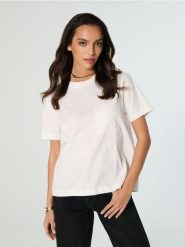 Bawełniana koszulka z dekoracyjną kieszonką - kremowy. Białe t-shirty damskie Sinsay, l, bez wzorów, z bawełny, bez kołnierzyka. Za 25.99 zł.