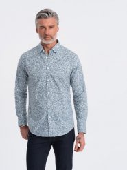 Koszula męska SLIM FIT w print drobnych liści - jasnoniebieska V1 OM-SHPS-0163 - XXL. Niebieskie koszule męskie Ombre Clothing, m, bez wzorów, z bawełny, bez kołnierzyka, bez ramiączek. W wyprzedaży za 69.99 zł.