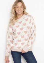 Różowo-Beżowy Sweter z Wełną o Prostym Kroju Zdobiony Wzorem w Serca Zenina. Czerwone swetry klasyczne damskie Born2be, na zimę, l, z wełny, bez kołnierzyka. Za 64.99 zł.