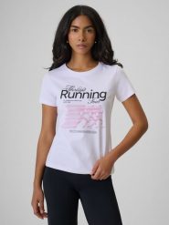 4F T-shirt slim z nadrukiem damski - biały L. Białe t-shirty damskie 4f, l, bez wzorów, z bawełny, bez kołnierzyka. Za 59.99 zł.