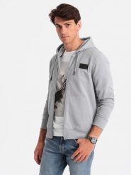 Męska rozpinana bluza dresowa z kapturem i naszywką – szara V1 OM-SSZP-0140 - XXL. Szare bluzy z kapturem męskie Ombre Clothing, l, z bawełny. W wyprzedaży za 99.99 zł.
