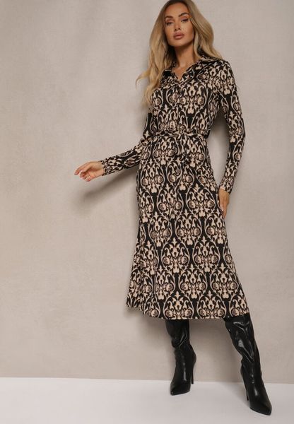 Czarno-Beżowa Sukienka o Koszulowym Fasonie w Ornamentalny Wzór Mesiena. Czarne sukienki damskie Renee, na co dzień, m, bez wzorów, z wiskozy, eleganckie, bez kołnierzyka, bez ramiączek, midi, dopasowane. Za 159.99 zł.