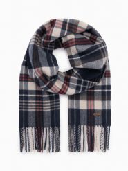 Męski szalik z frędzlami w szkocką kratę – granatowo-kremowy V3. Niebieskie szaliki męskie Ombre Clothing, bez wzorów, z materiału. Za 109.99 zł.