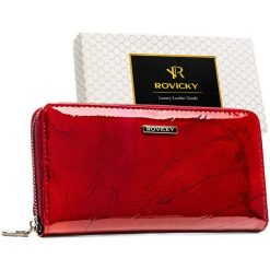 Duży portfel damski na suwak czerwony lakierowany ze skóry naturalnej i ekologicznej RFID STOP Rovicky RPN-25-YM. Czerwone portfele damskie ROVICKY, bez wzorów, z lakierowanej skóry. Za 74.99 zł.