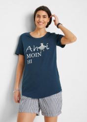 T-shirt bawełniany z marynarskim nadrukiem. Niebieskie t-shirty damskie bonprix, bez wzorów, z bawełny, bez kołnierzyka. Za 59.99 zł.