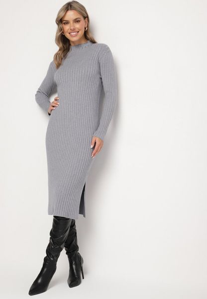 Szara Prążkowana Sukienka z Dzianiny z Wiskozą z Rozcięciami u Dołu Ninnavia. Szare sukienki damskie Born2be, do pracy, s, bez wzorów, z dzianiny, biznesowe, bez kołnierzyka, bez ramiączek, dopasowane. Za 44.99 zł.