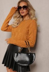Brązowy Warkoczowy Sweter z Długim Rękawem i Ściągaczami Kaviss. Brązowe swetry klasyczne damskie Renee, z dzianiny, bez kołnierzyka. Za 79.99 zł.