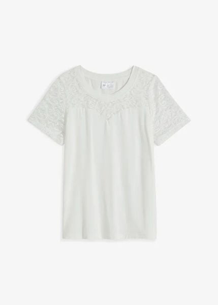 T-shirt z miękkiej wiskozy. Białe t-shirty damskie bonprix, bez wzorów, z koronki, bez kołnierzyka. Za 34.99 zł.