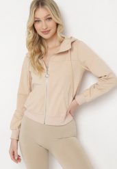 Jasnobeżowa Bluza z Kapturem na Suwak Wykończona Ściągaczami Diacra. Brązowe bluzy z kapturem damskie Born2be, l. Za 59.99 zł.