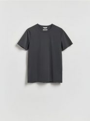 T-shirt slim z bawełną merceryzowaną - ciemnoszary. Szare t-shirty męskie Reserved, l, bez wzorów, z bawełny, bez kołnierzyka. Za 99.99 zł.