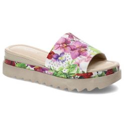 Kolorowe Klapki Venezia Wygodne Buty Damskie. Brązowe klapki damskie Venezia, z aplikacjami, z bawełny, bez obcasa. Za 329.00 zł.