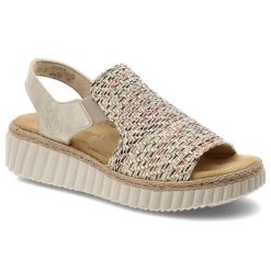 Sandały damskie Rieker, cholewka z materiału tekstylnego wsuwany fason na platformie, beżowe, 69276-60. Brązowe sandały damskie Rieker, bez wzorów, bez obcasa, na platformie. Za 299.00 zł.