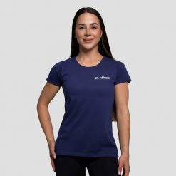 Koszulka damska fitness z krótkim rękawem granatowa Basic. Niebieskie bluzki sportowe damskie GYMBEAM, xl, bez wzorów, z bawełny, bez ramiączek. Za 41.90 zł.