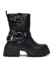 Buffalo Botki Bravr Biker Lo 1220067 Czarny. Czarne botki damskie Buffalo, ze skóry, bez obcasa, na słupku, bez zapięcia. Za 319.99 zł.