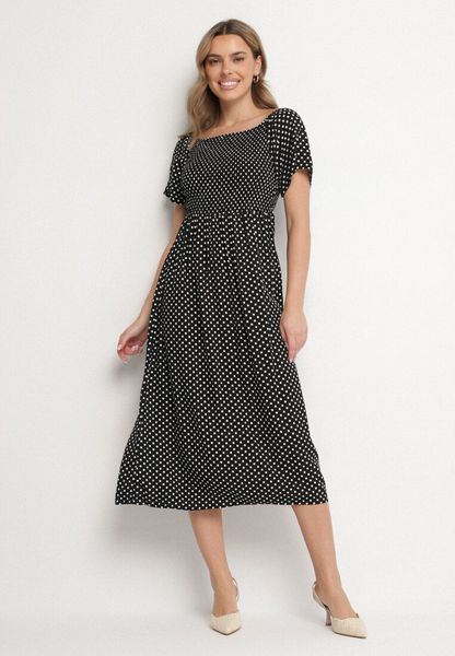 Czarna Sukienka z Bawełny o Rozkloszowanym Kroju w Kropeczki Lisadrisa. Czarne sukienki damskie Born2be, na co dzień, na lato, m, bez wzorów, z bawełny, eleganckie, bez kołnierzyka, bez ramiączek, mini, rozkloszowane. Za 49.99 zł.