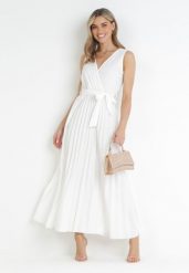 Biała Plisowana Sukienka Maxi z Gumką w Pasie i Materiałowym Paskiem Biak. Białe sukienki damskie Born2be, na imprezę, na lato, l, bez wzorów, z materiału, eleganckie, bez kołnierzyka, bez ramiączek, maxi, kopertowe. Za 99.99 zł.