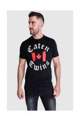 DSQUARED2 T-shirt męski, czarny z nadrukiem ,,caten twins. Czarne t-shirty męskie Dsquared2, l, bez wzorów, prążkowane, bez kołnierzyka. W wyprzedaży za 499.99 zł.