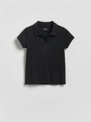 T-shirt z kołnierzykiem - czarny. Czarne koszulki dziewczęce Reserved, bez wzorów, z bawełny, bez ramiączek. Za 29.99 zł.