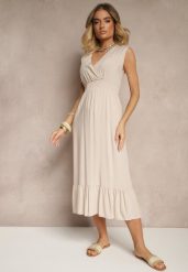 Beżowa Kopertowa Sukienka z Wiskozy Zdobiona Falbanką Ularisela. Brązowe sukienki damskie Renee, na co dzień, l, z aplikacjami, z wiskozy, eleganckie, bez kołnierzyka, bez ramiączek, midi, kopertowe. W wyprzedaży za 52.49 zł.