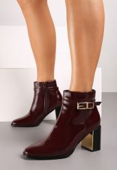 Bordowe Lakierowane Botki na Ozdobnym Słupku Niriane. Czerwone botki damskie Born2be, z jeansu, eleganckie, bez obcasa, na obcasie, bez zapięcia. Za 69.99 zł.