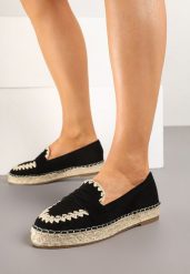 Czarne Espadryle na Plecionej Podeszwie Zdobione Haftem Emlexia. Czarne espadryle damskie Born2be, z aplikacjami, z jeansu, bez obcasa, na obcasie. Za 89.99 zł.