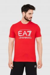 EA7 Czerwony męski t-shirt z dużym białym logo. Czerwone t-shirty męskie EA7 Emporio Armani, m, bez wzorów, bez kołnierzyka. W wyprzedaży za 248.99 zł.