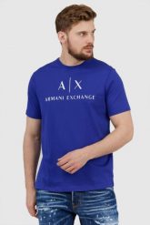 ARMANI EXCHANGE Niebieski t-shirt męski z białym logo. Niebieskie t-shirty męskie Armani Exchange, l, bez wzorów, prążkowane, bez kołnierzyka. W wyprzedaży za 159.99 zł.