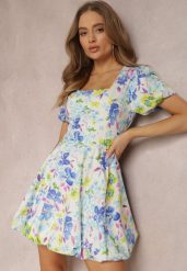 Biało-Niebieska Sukienka Amarhoreia. Białe sukienki damskie Renee, m, bez wzorów, z tkaniny, bez kołnierzyka, bez ramiączek, mini, rozkloszowane. Za 159.99 zł.