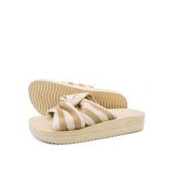 Klapki basenowe damskie Flip Flop Wedgy Twist. Brązowe klapki damskie Flip Flop, bez wzorów, z materiału, bez obcasa. Za 79.49 zł.