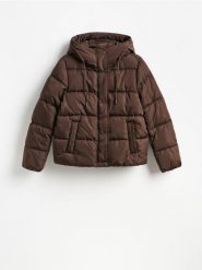 Krótka kurtka z kapturem - ciemnobrązowy. Brązowe kurtki damskie Reserved, l, bez wzorów, z tkaniny, z kapturem. Za 219.99 zł.