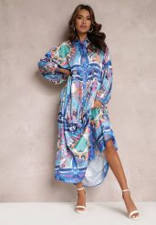 Niebieska Sukienka Maxi Oversize w Kolorowy Ornamentalny Wzór Stama. Niebieskie sukienki damskie Renee, l, z aplikacjami, bez kołnierzyka, bez ramiączek, maxi, koszulowe. W wyprzedaży za 207.99 zł.