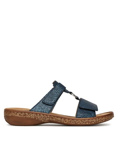 Rieker Klapki 628P9-14 Granatowy. Niebieskie klapki damskie Rieker, bez wzorów, z materiału, bez obcasa. Za 289.99 zł.