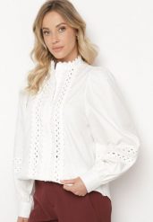 Biała Koszula z Bawełną Ozdobiona Tasiemkami Avandriae. Białe koszule damskie Born2be, l, bez wzorów, z bawełny, eleganckie, bez kołnierzyka, bez ramiączek. Za 139.99 zł.