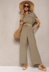 Ciemnozielony Kombinezon w Stylu Utility z Koszulową Górą i Plecionym Paskiem Dexara. Zielone kombinezony damskie Renee, l, bez wzorów, eleganckie, bez kołnierzyka, bez ramiączek, krótkie. Za 139.99 zł.