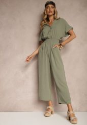 Zielony Wiskozowy Kombinezon z Dekoltem w Serek Zapinany na Guziki Anisora. Zielone kombinezony damskie Renee, l, bez wzorów, z wiskozy, eleganckie, bez kołnierzyka, bez ramiączek, długie. Za 54.99 zł.